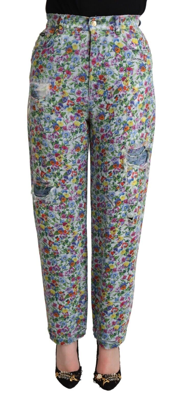 Blue Floral Print High Waist Denim Tapered Jeans - ventzia