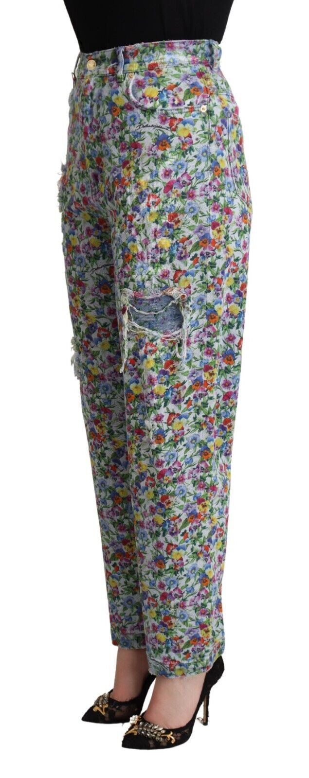 Blue Floral Print High Waist Denim Tapered Jeans - ventzia
