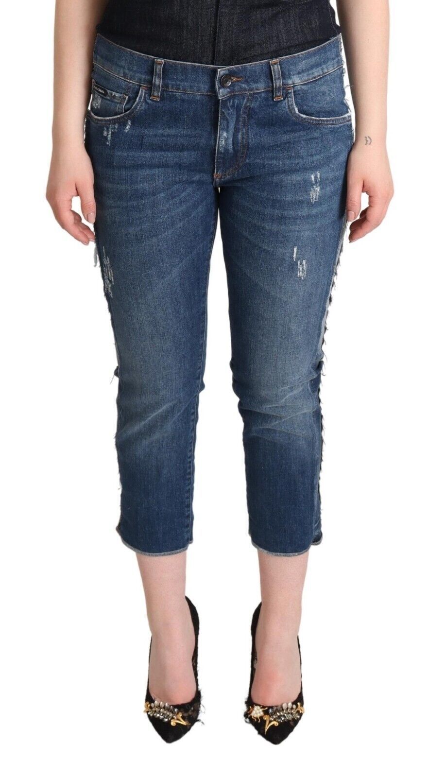 Blue Washed Mid Waist Denim Logo Cropped Jeans - ventzia