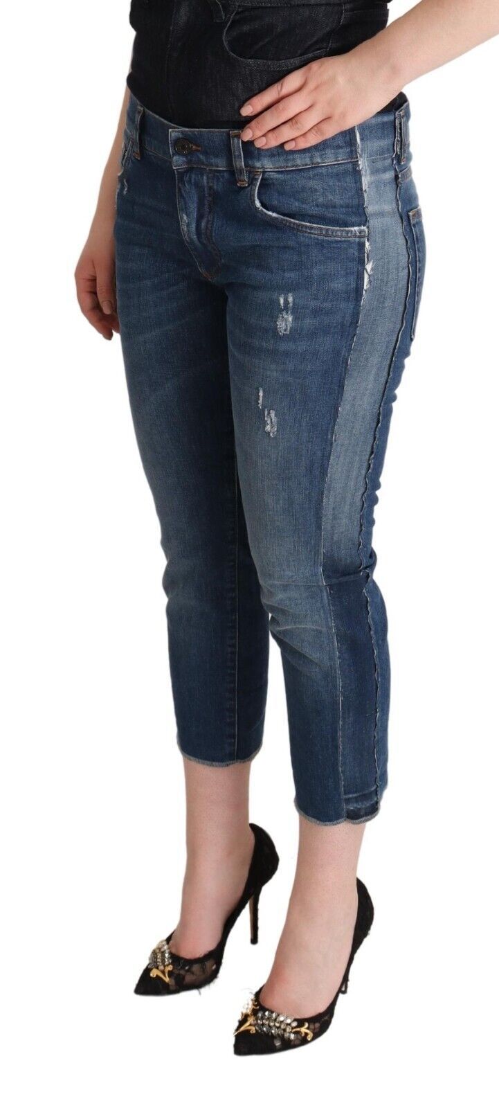 Blue Washed Mid Waist Denim Logo Cropped Jeans - ventzia