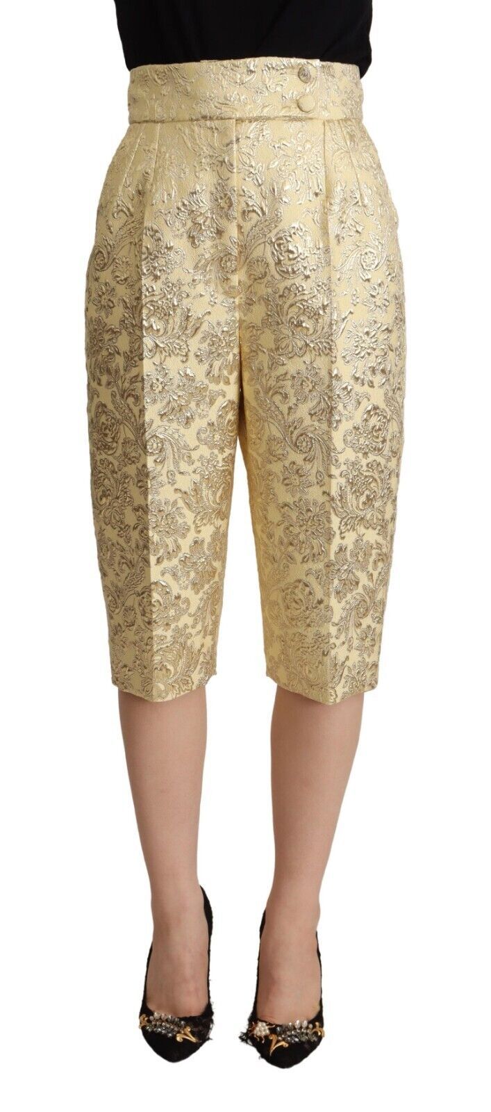 Beige Floral Brocade High Waist Trouser Cropped Pants - ventzia
