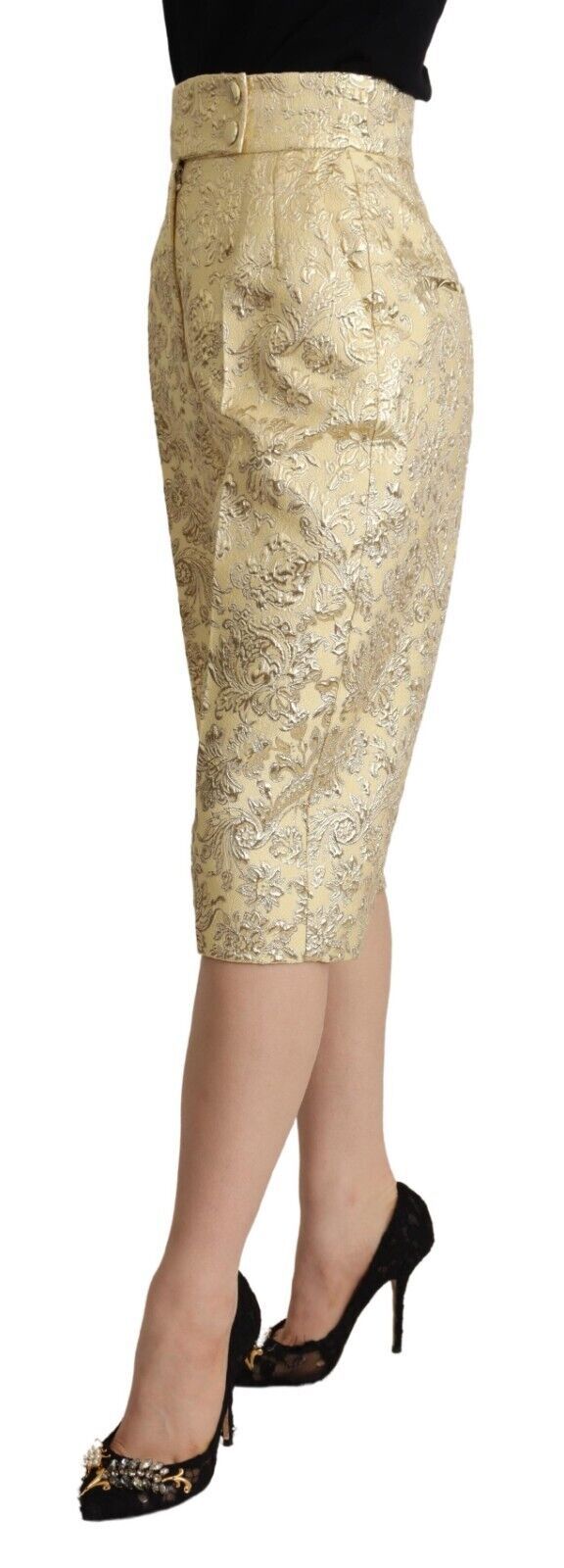 Beige Floral Brocade High Waist Trouser Cropped Pants - ventzia
