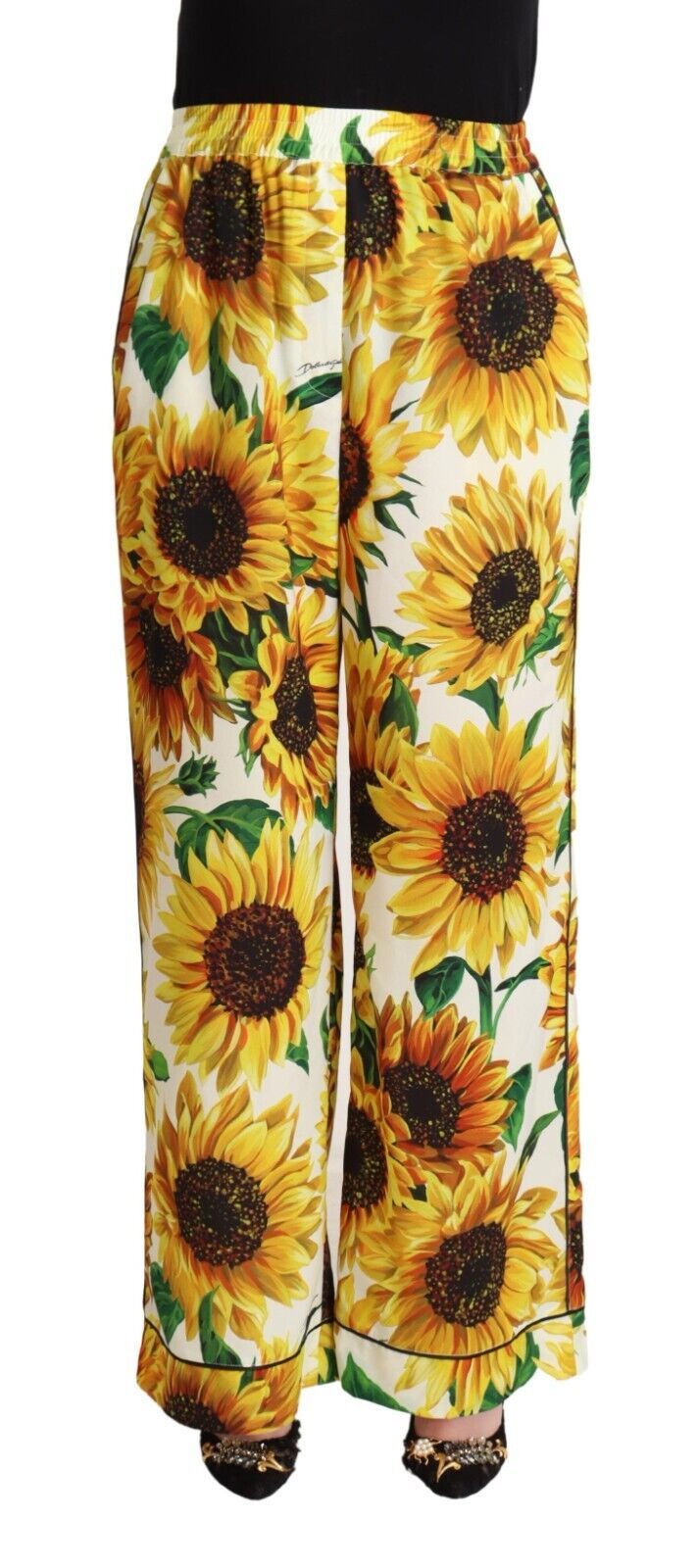 White Sunflower Print Mid Waist Wide Leg Pants - ventzia