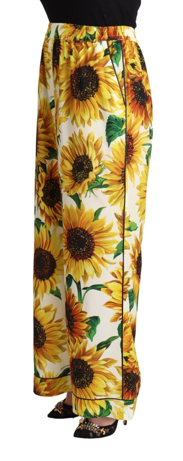 White Sunflower Print Mid Waist Wide Leg Pants - ventzia