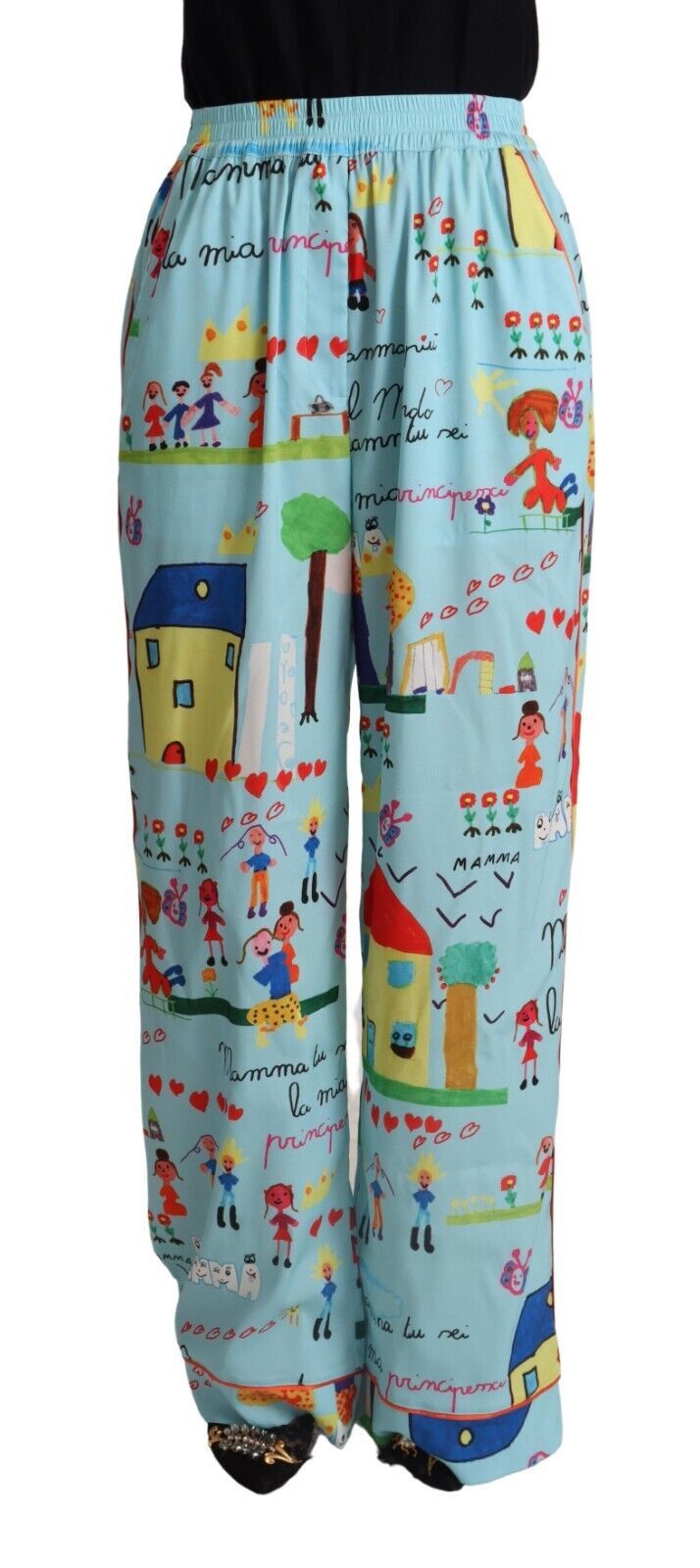 Light Blue Drawing Mid Waist Wide Leg Pants - ventzia