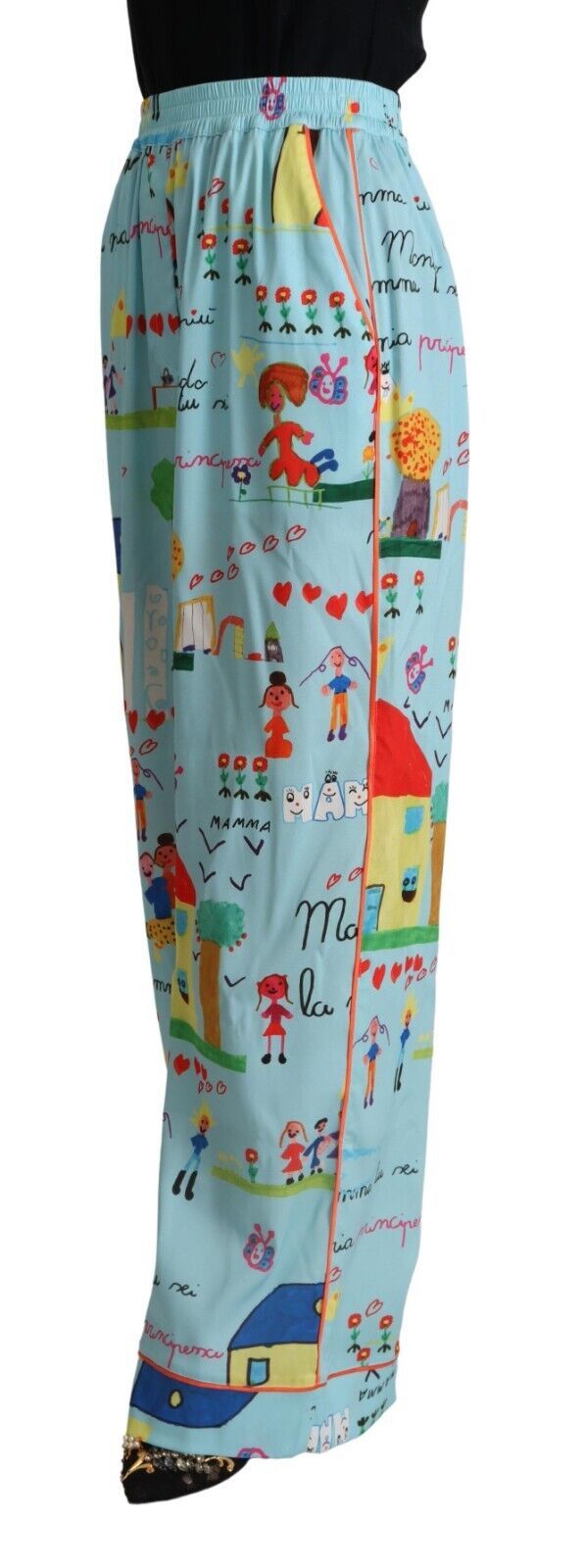 Light Blue Drawing Mid Waist Wide Leg Pants - ventzia