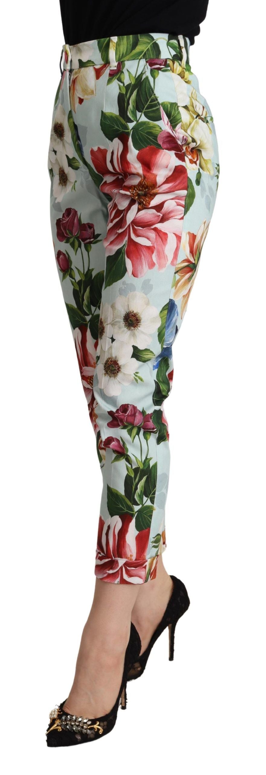 Light Blue Fiori Print Cotton Trouser Tapered Pants - ventzia