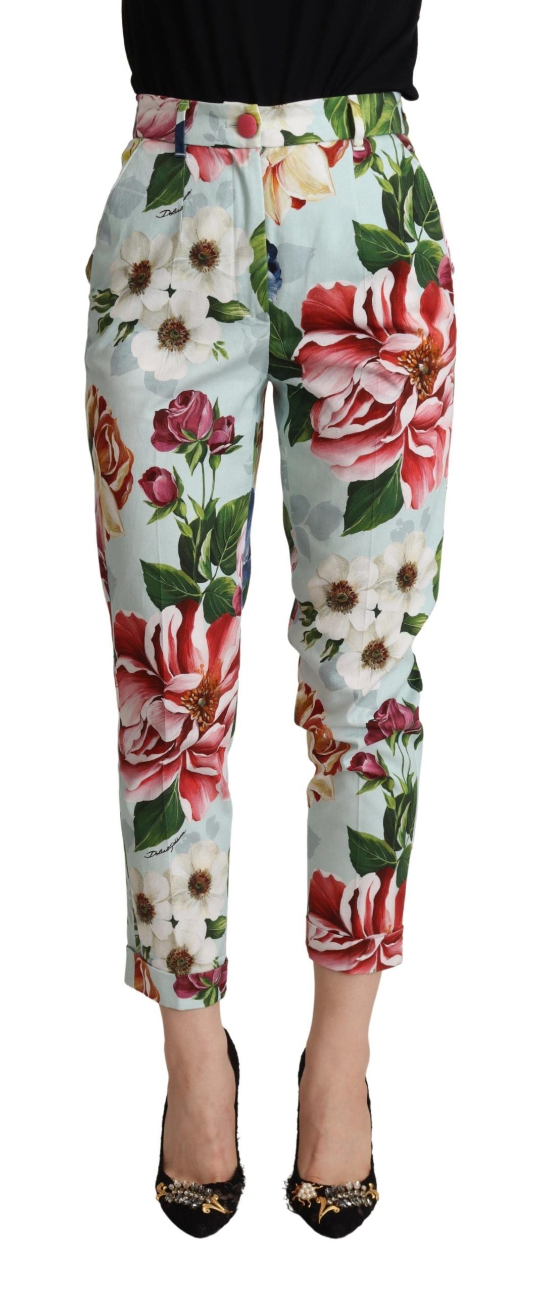 Light Blue Fiori Print Cotton Trouser Tapered Pants - ventzia