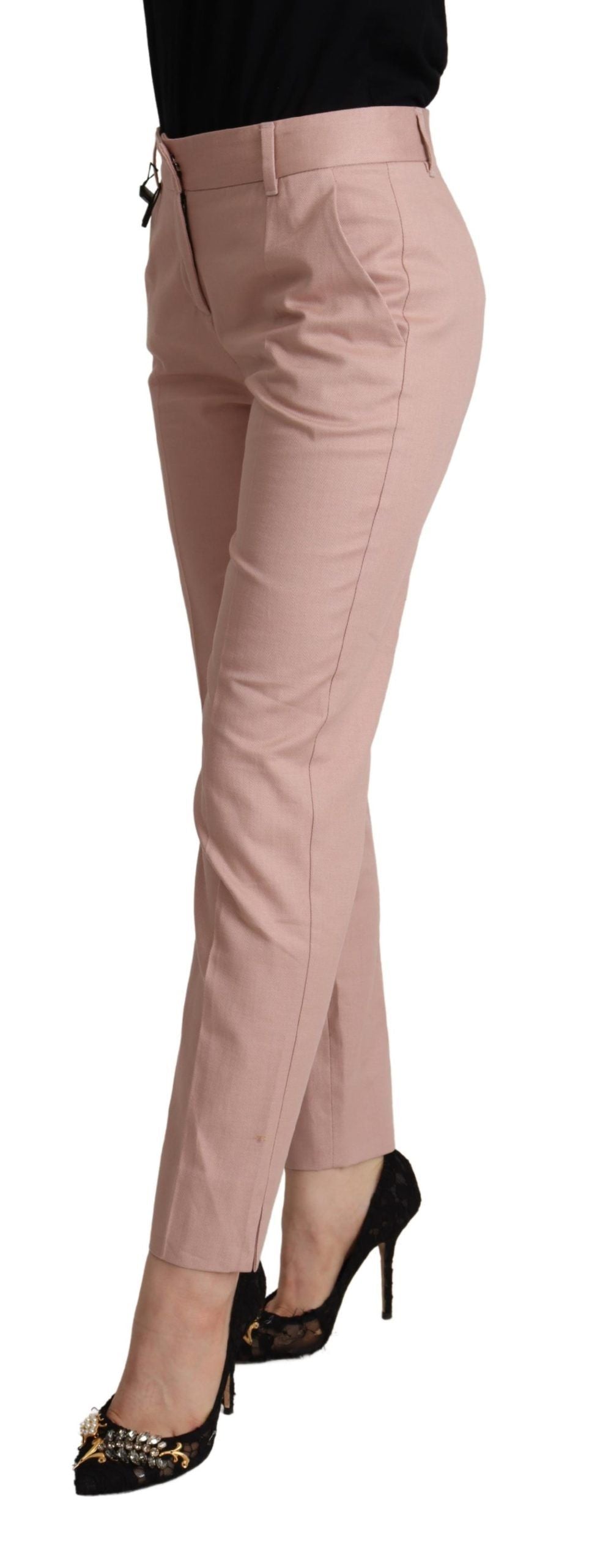 Pink Cotton Mid Waist Trouser Tapered Pants - ventzia