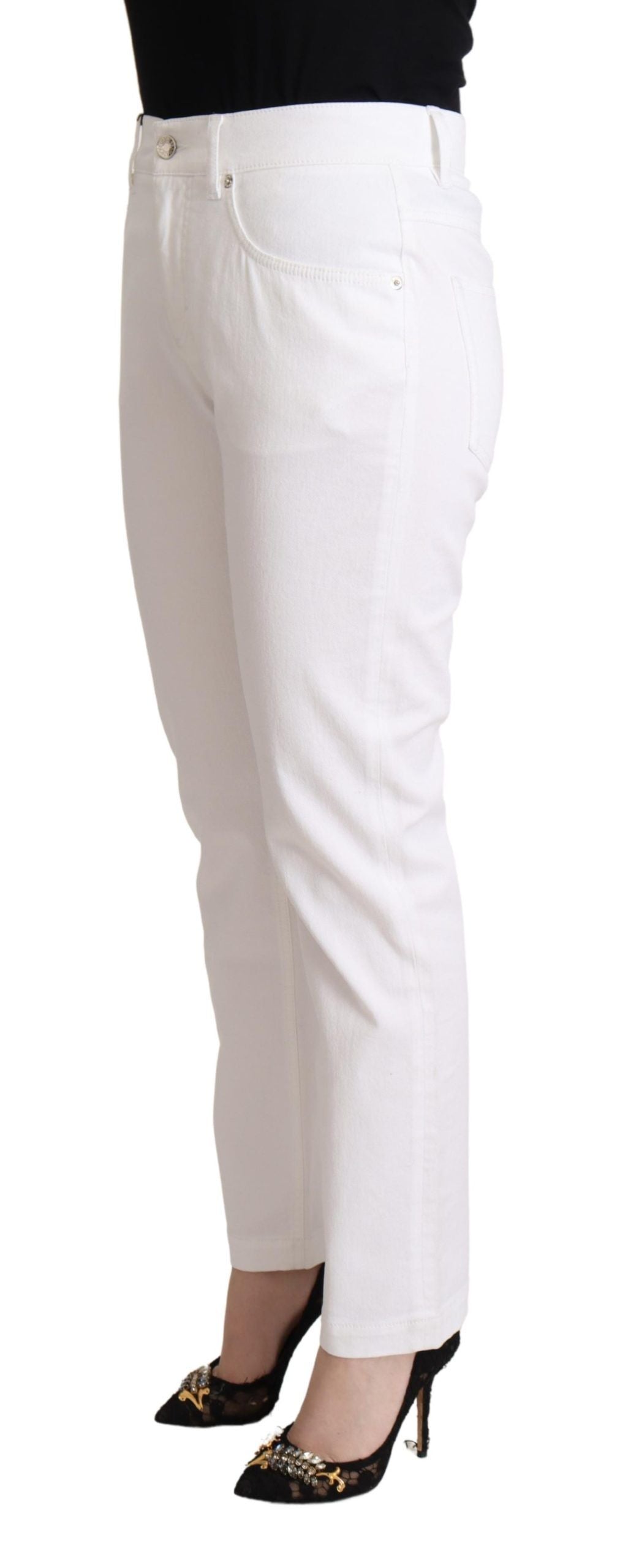 White Cotton Mid Waist Denim Tapered Jeans - ventzia