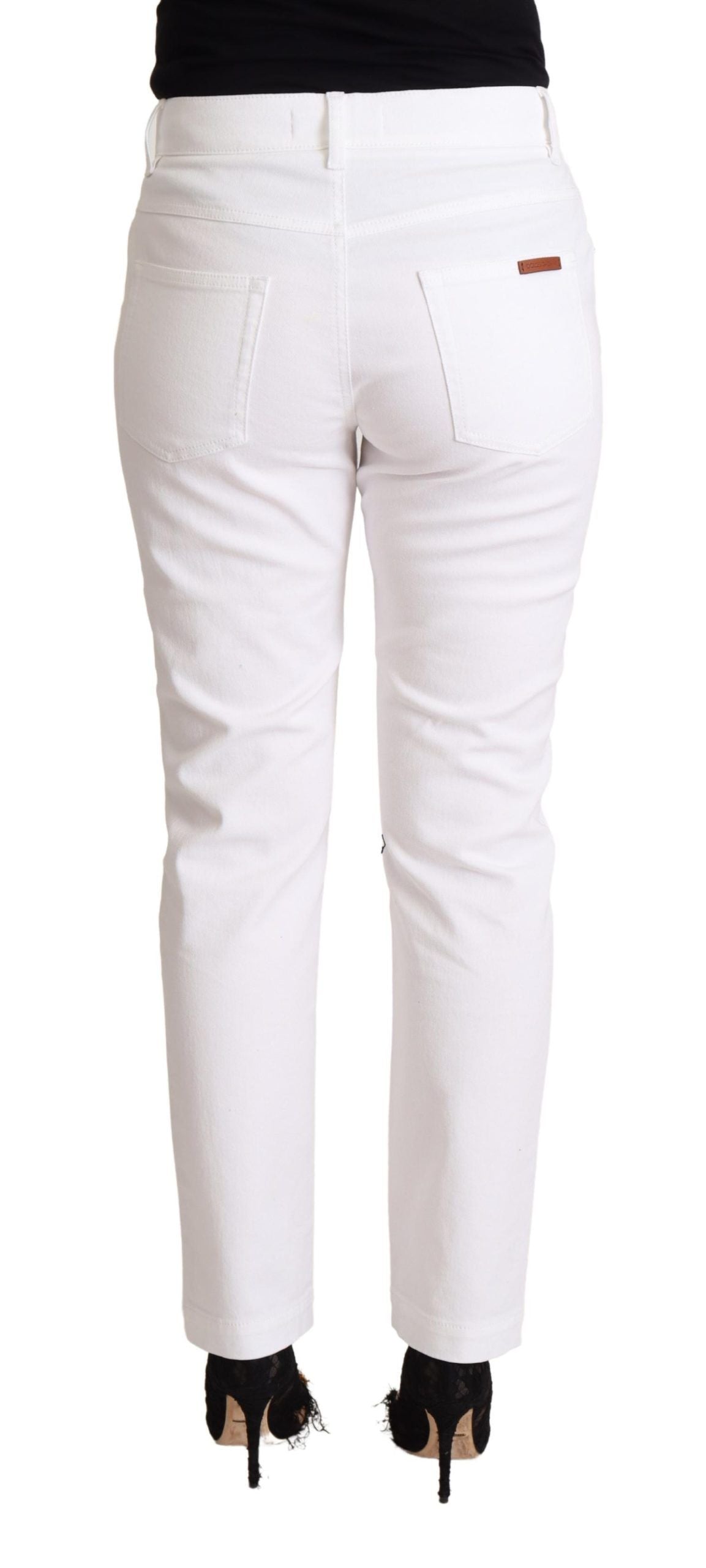 White Cotton Mid Waist Denim Tapered Jeans - ventzia