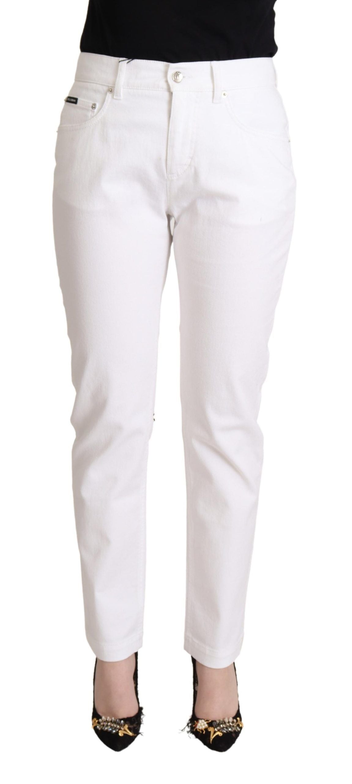White Cotton Mid Waist Denim Tapered Jeans - ventzia