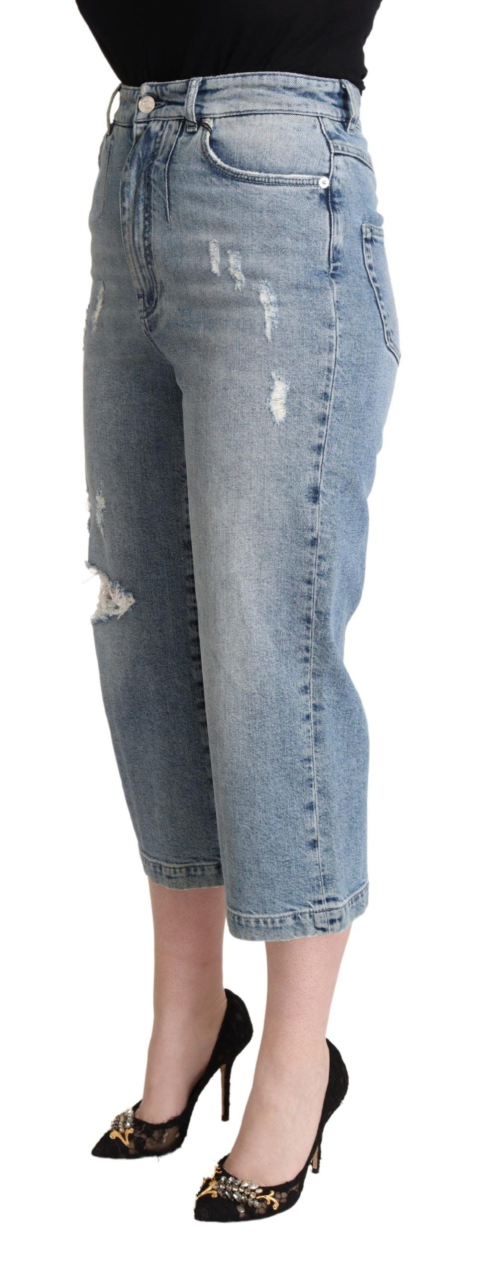 Blue Tattered Cotton Denim Capri Cropped Jeans - ventzia