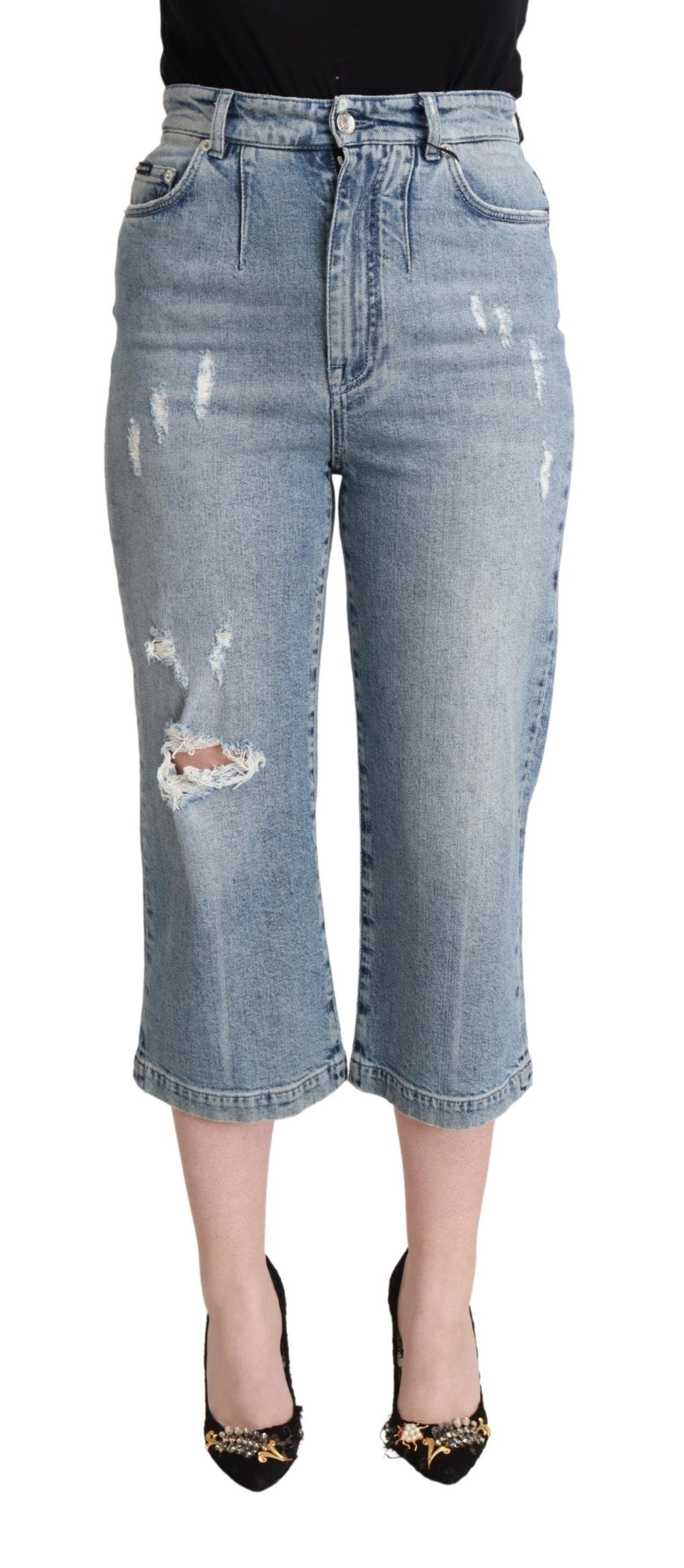 Blue Tattered Cotton Denim Capri Cropped Jeans - ventzia