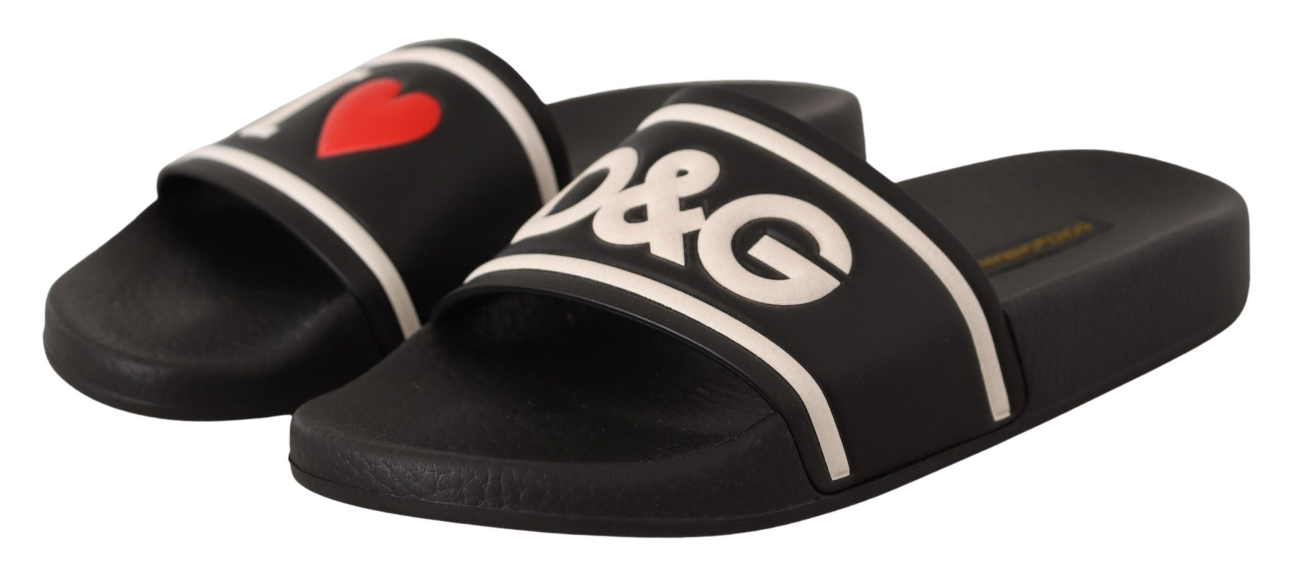 Black Leather I Love D&G Slides Sandals - ventzia