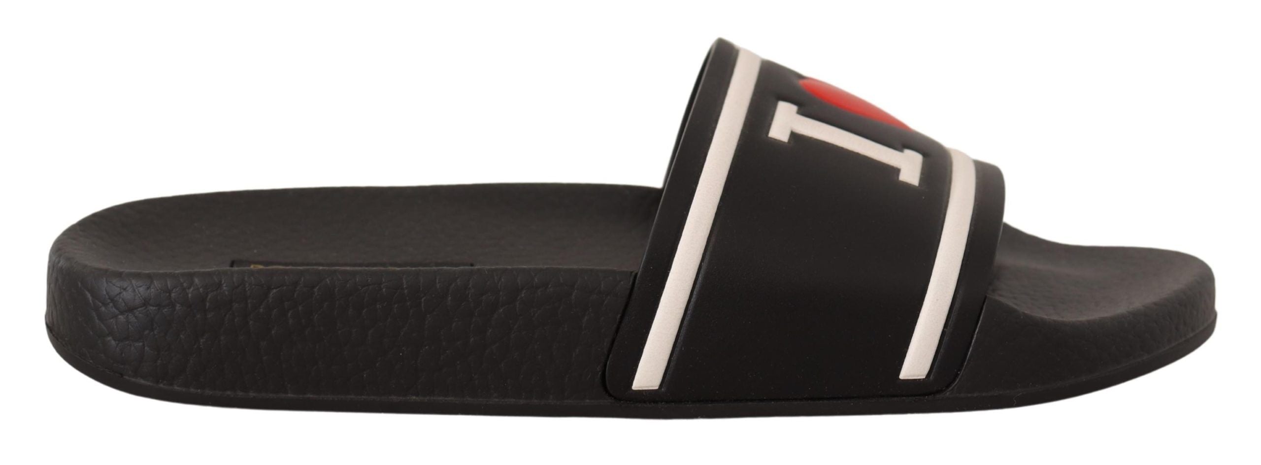 Black Leather I Love D&G Slides Sandals - ventzia