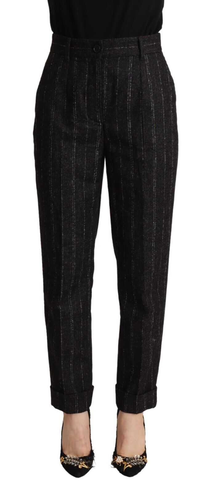 Black Striped High Waist Tapered Pants - ventzia