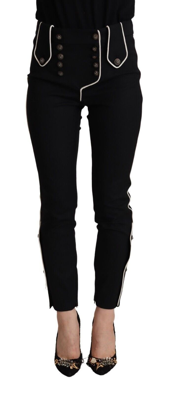Black Mid Waist Button Embellished Slim Fit Pants - ventzia