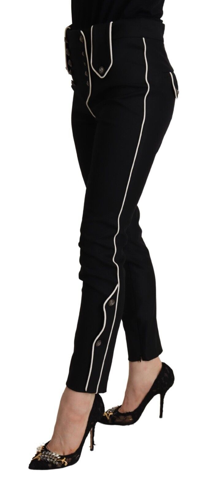 Black Mid Waist Button Embellished Slim Fit Pants - ventzia