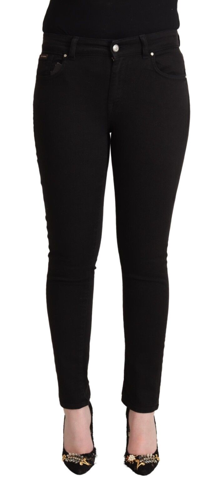 Black Cotton Mid Waist Denim Slim Fit Jeans - ventzia
