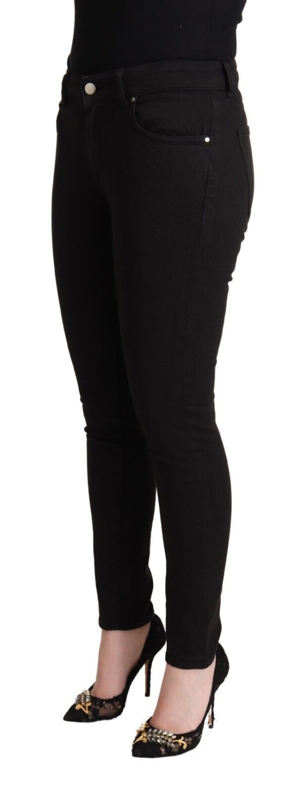 Black Cotton Mid Waist Denim Slim Fit Jeans - ventzia