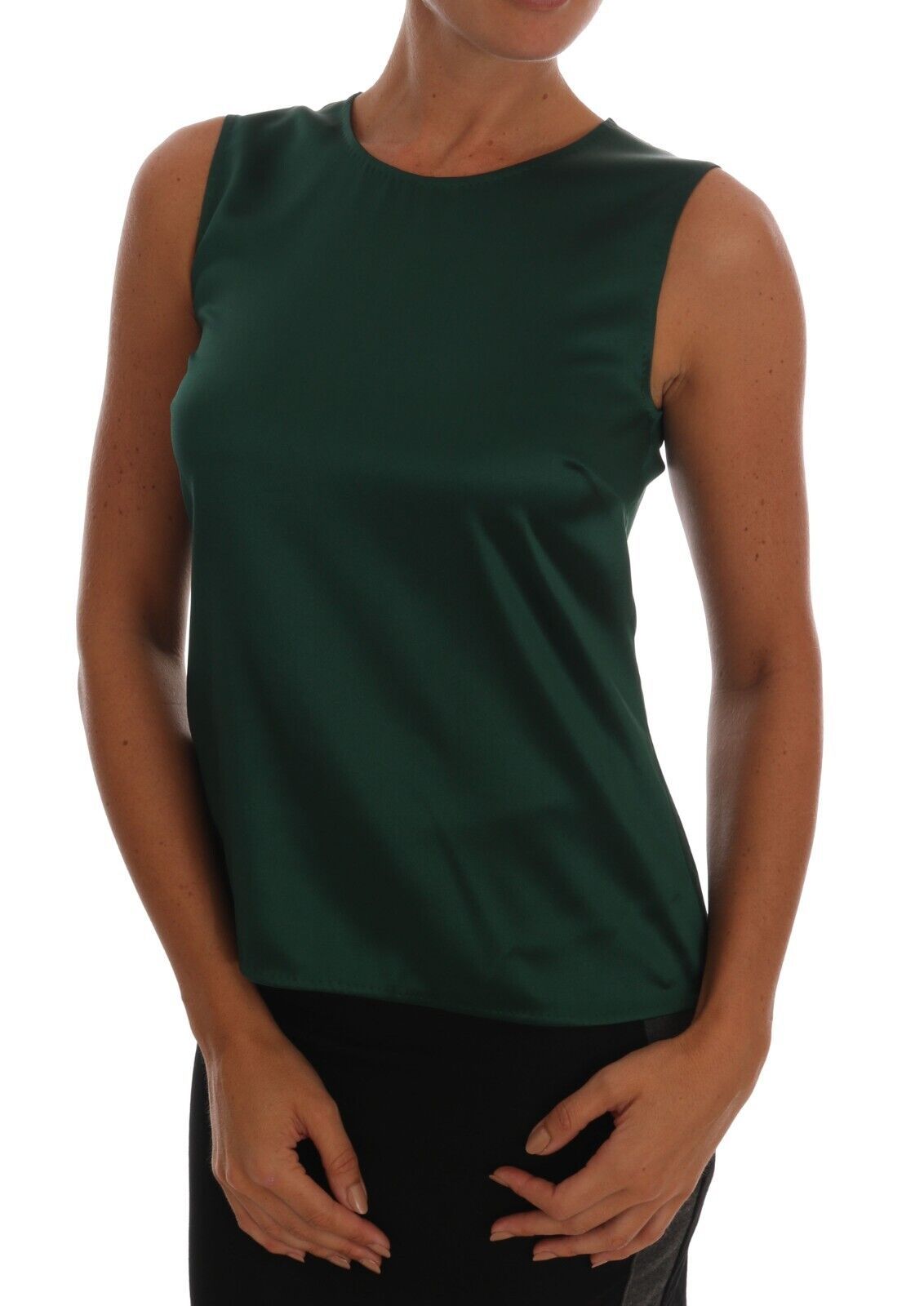 Dark Green Silk Sleeveless Round Neck Tank Top - ventzia