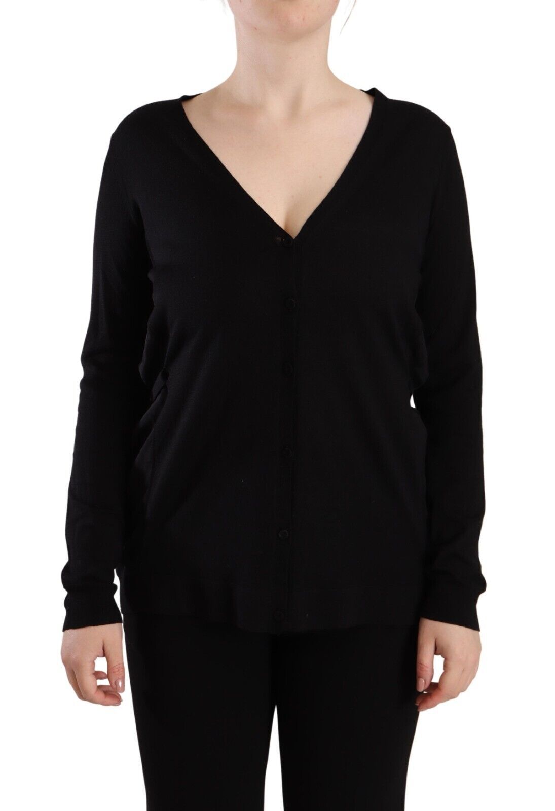 Black Wool V-neck Long Sleeves Pullover Top - ventzia