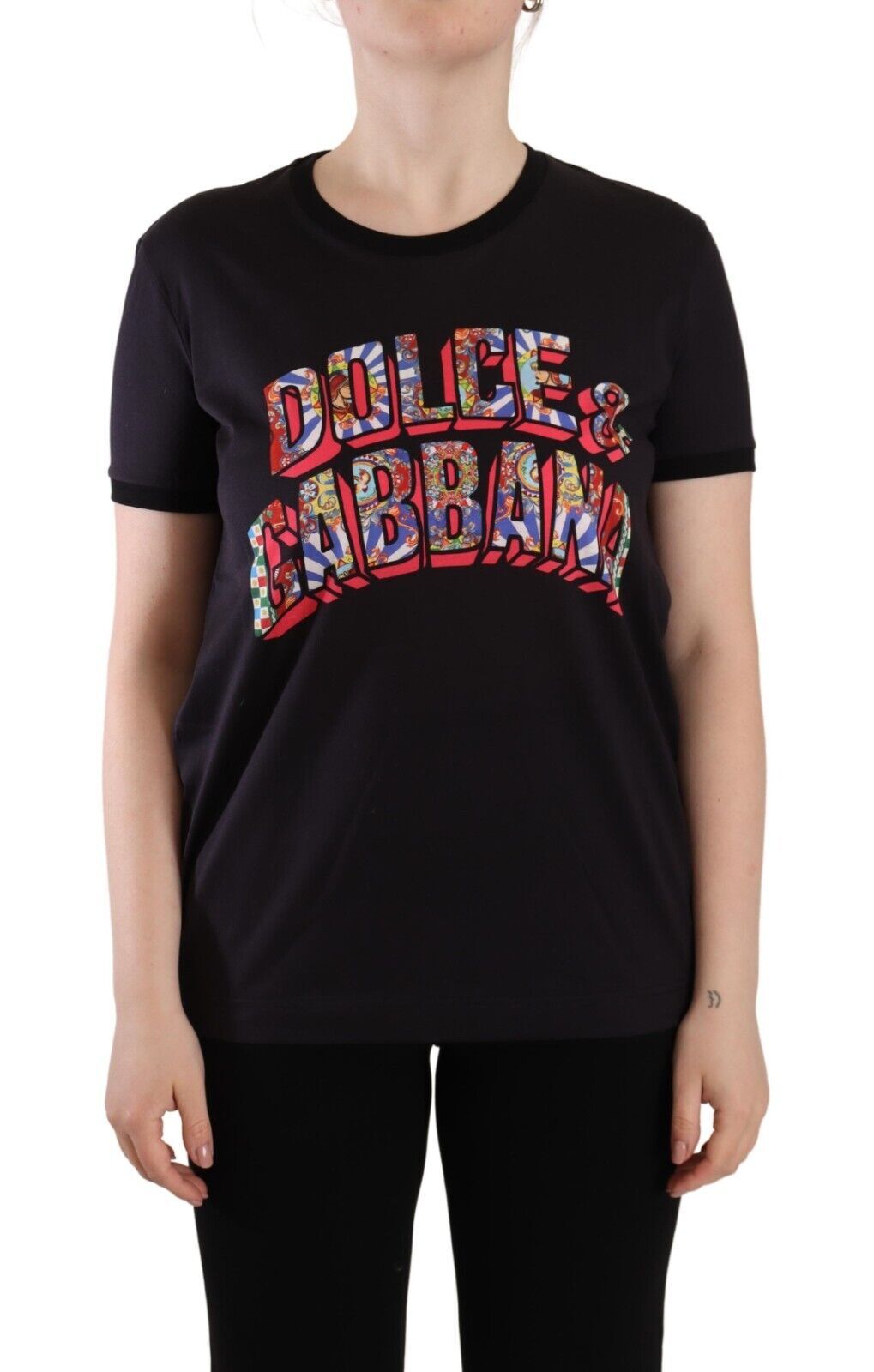 Black Logo Print Cotton Crew Neck Tee T-shirt - ventzia