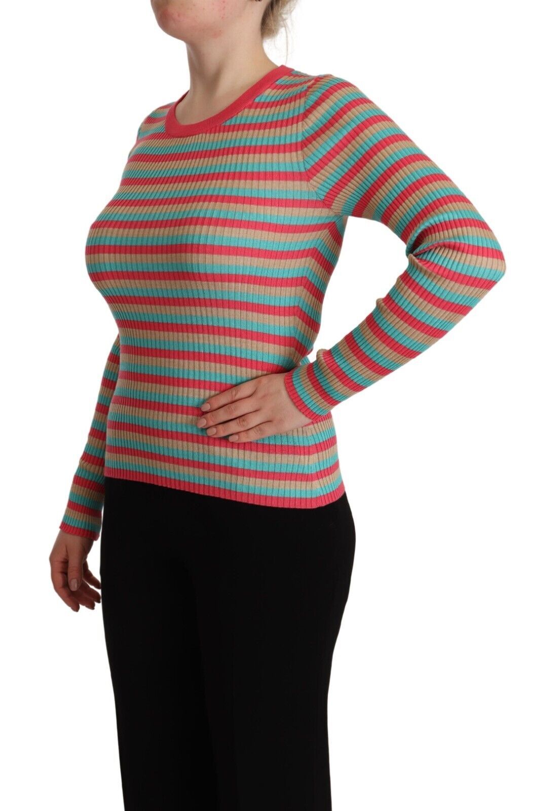 Multicolor Stripes Silk Crew Neck Pullover Top - ventzia