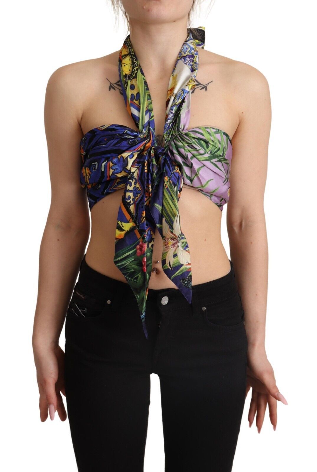 Multicolor Foulard Silk Halter Cropped Top - ventzia