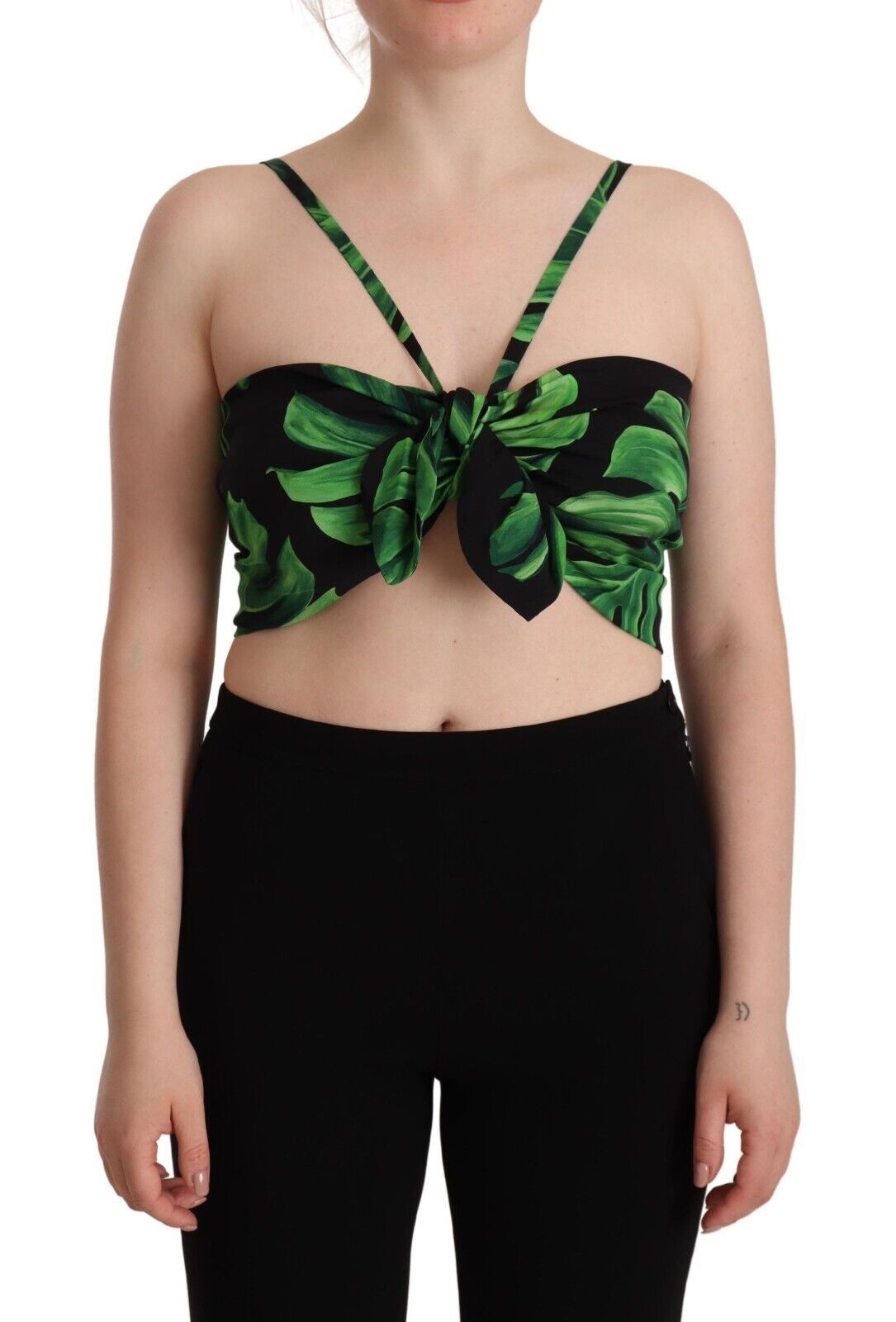 Black Green Leaf Silk Halter Cropped Top - ventzia
