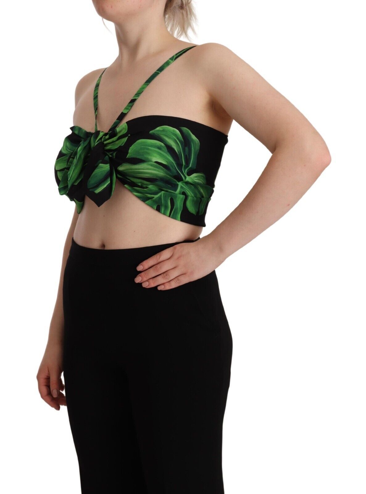 Black Green Leaf Silk Halter Cropped Top - ventzia