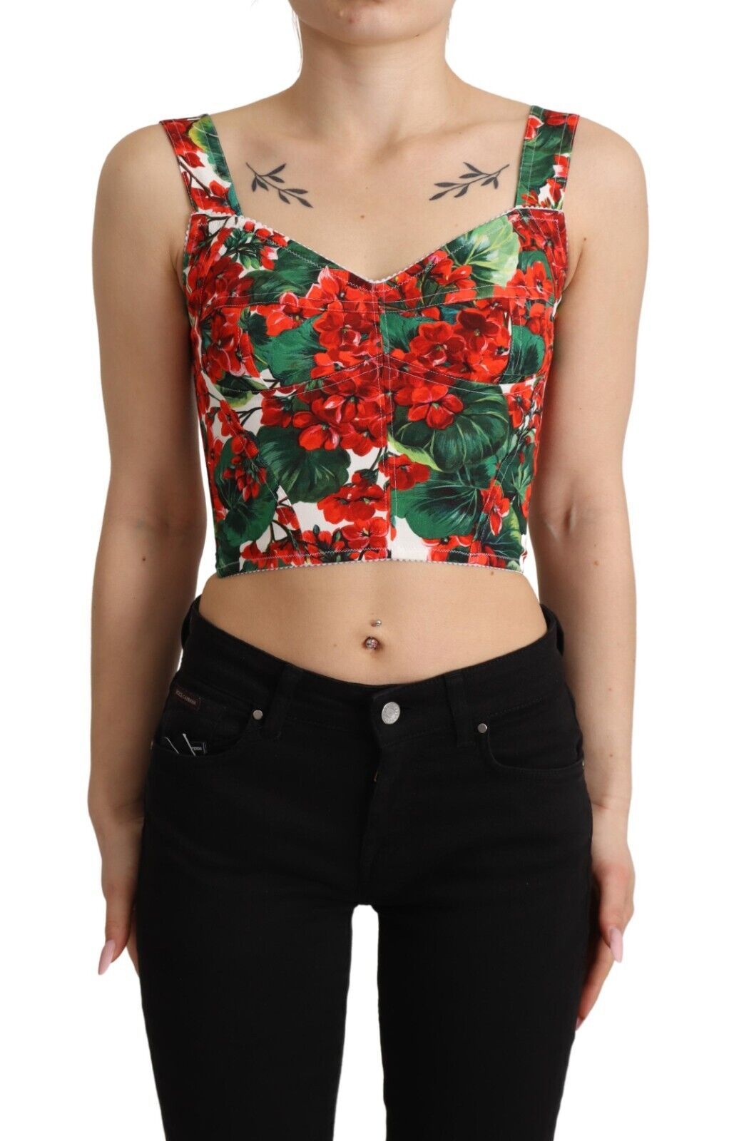 Red Geranium Print Viscose Sweetheart Cropped Top - ventzia