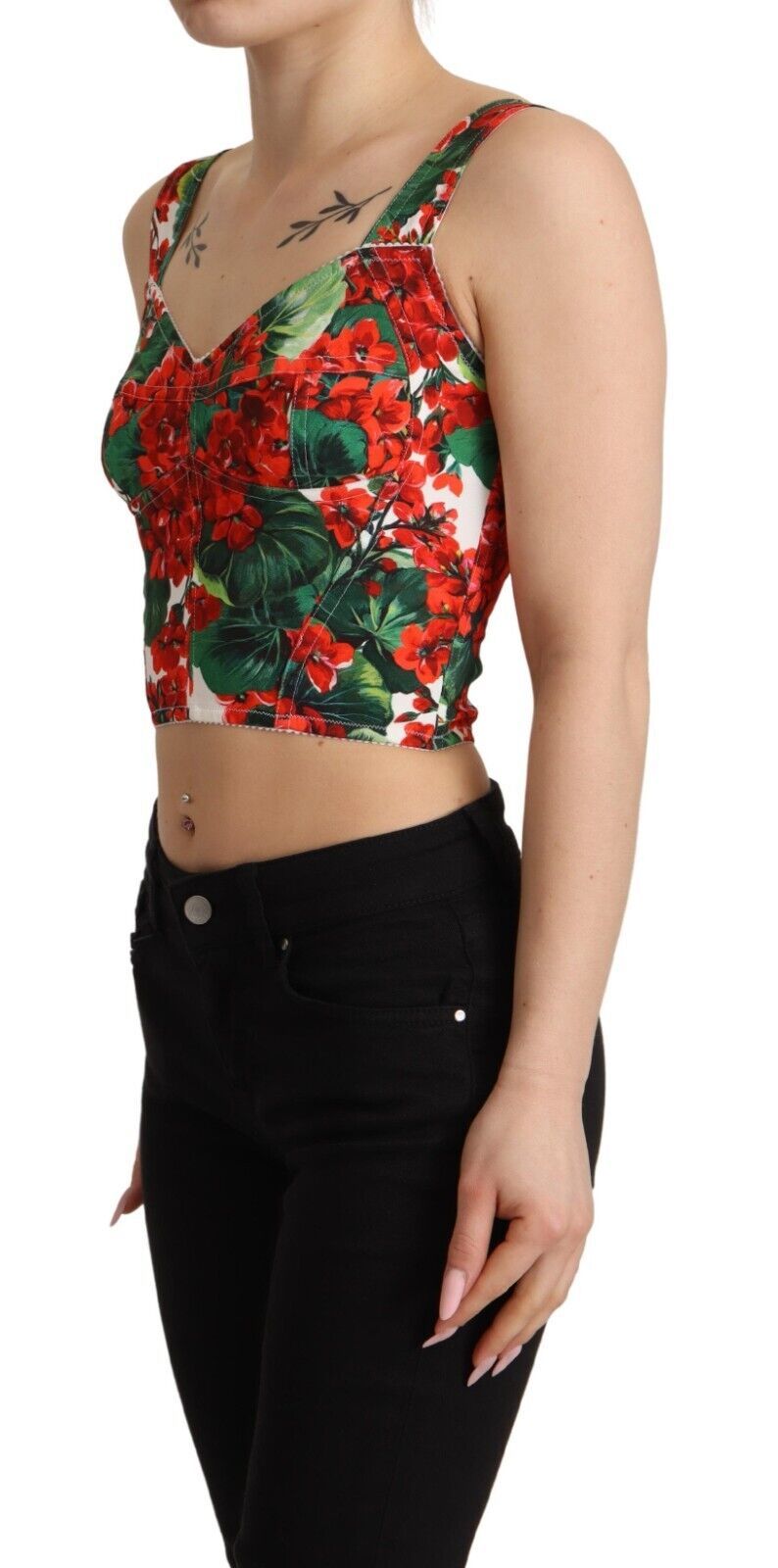 Red Geranium Print Viscose Sweetheart Cropped Top - ventzia