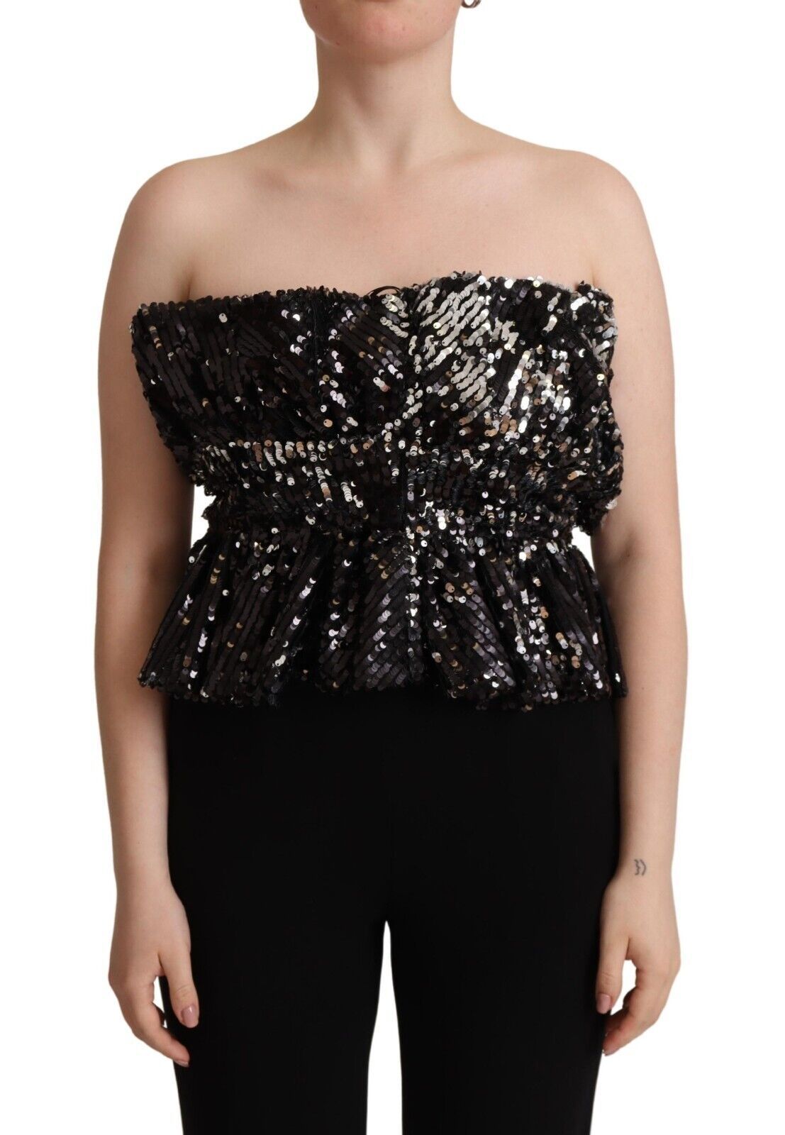 Black Sequined Polyester Strapless Cocktail Blouse Top - ventzia