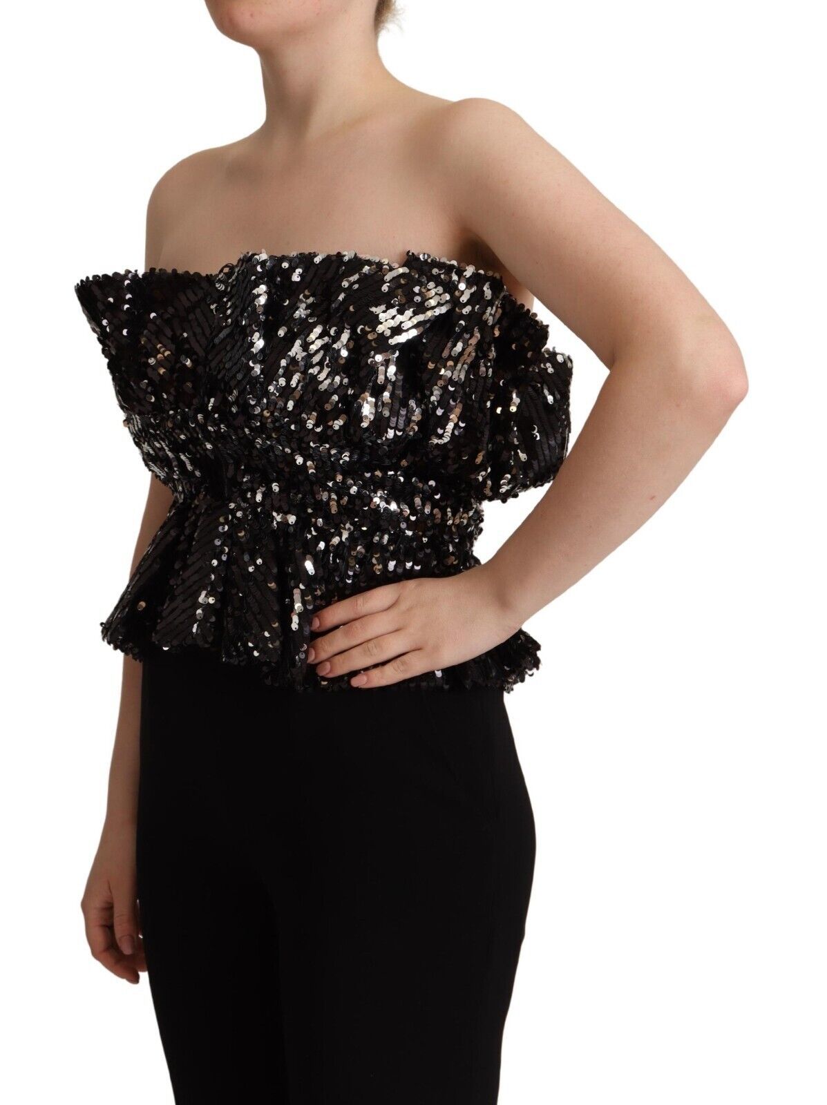 Black Sequined Polyester Strapless Cocktail Blouse Top - ventzia