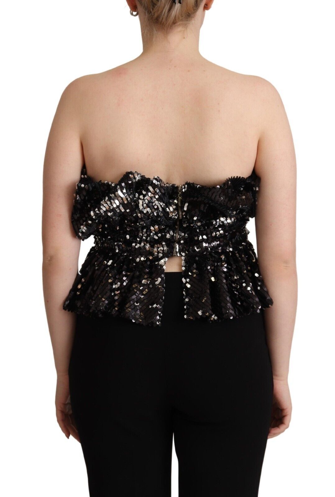 Black Sequined Polyester Strapless Cocktail Blouse Top - ventzia