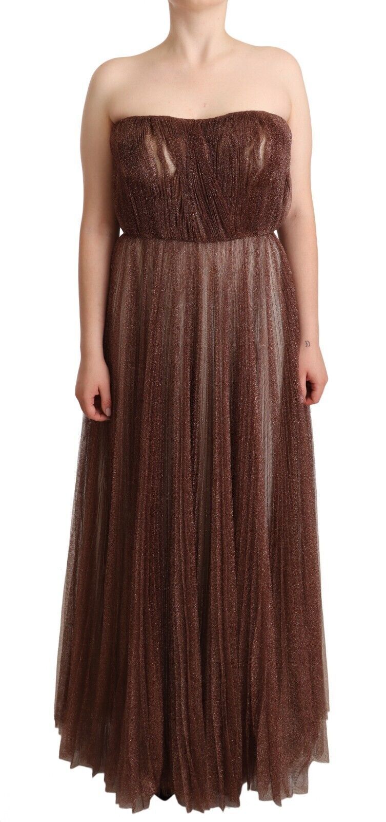 Metallic Bronze Polyester Maxi Gown Dress - ventzia
