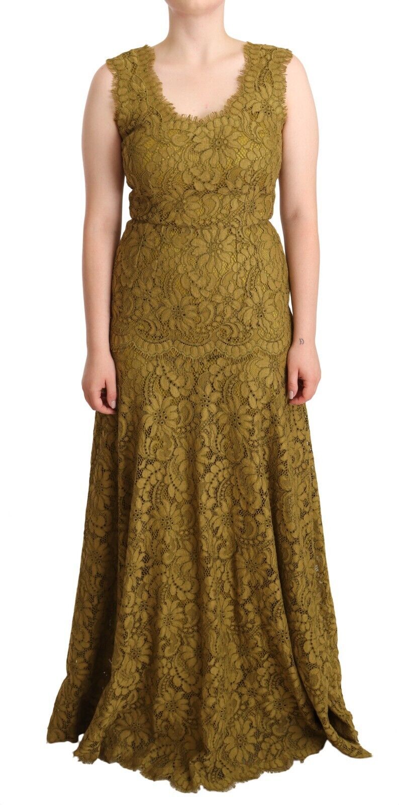 Brown Floral Lace Maxi Floor Length Dress - ventzia