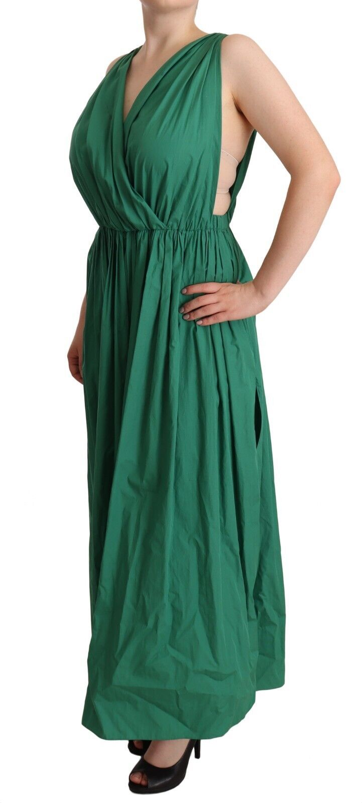 Green Cotton Sleeveless V-neck Dress - ventzia