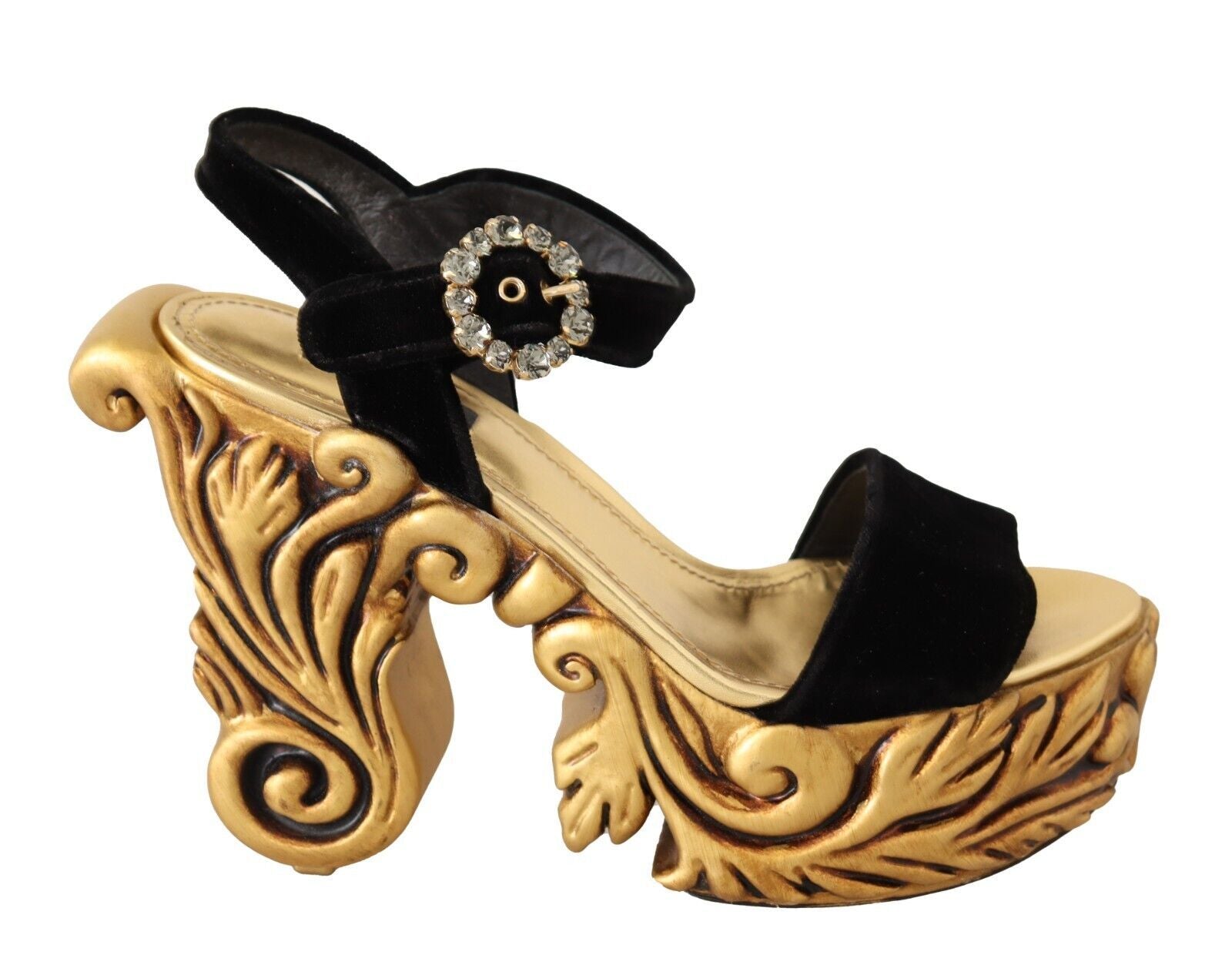 Black Gold Baroque Velvet Heels Crystal Shoes - ventzia