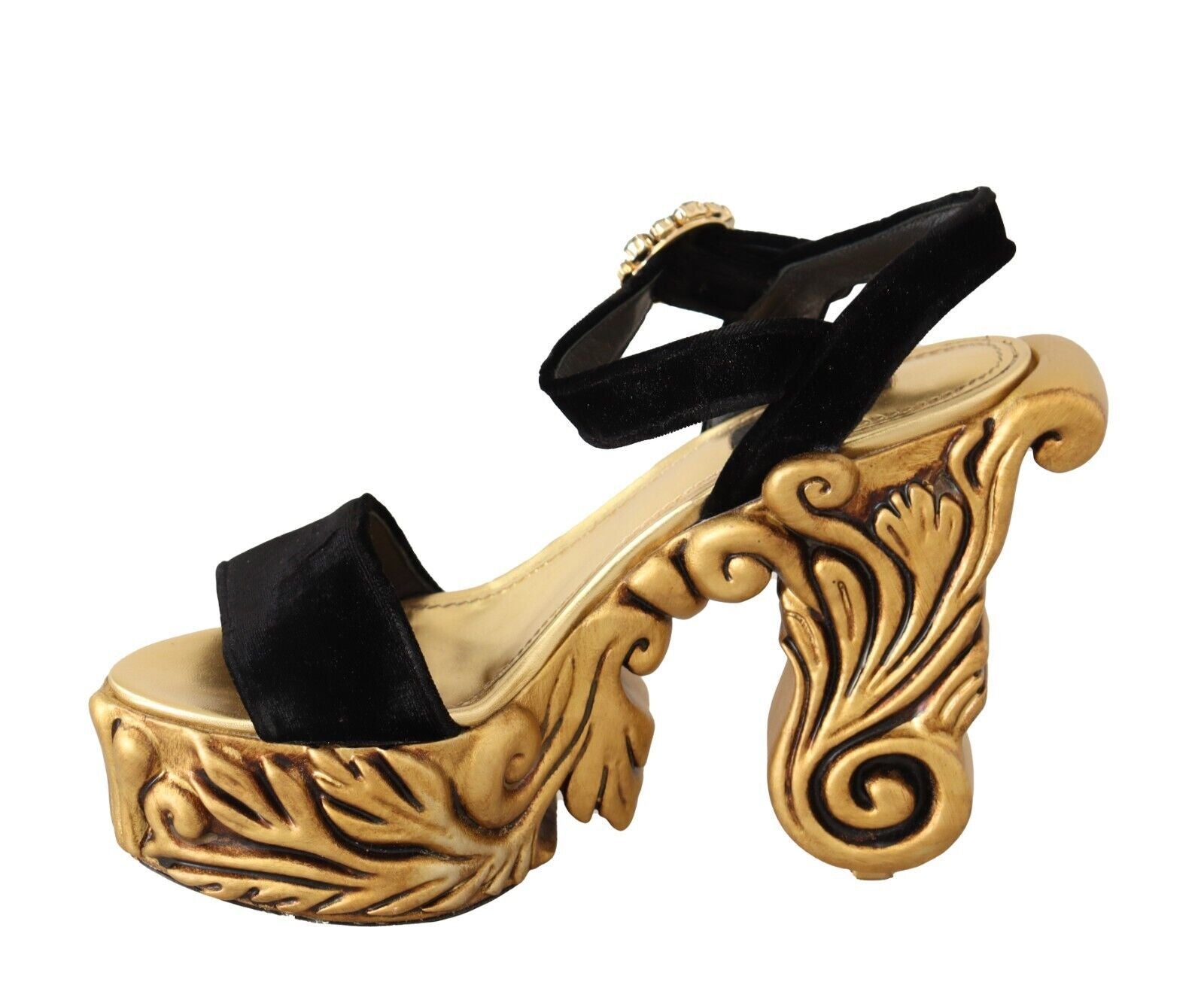 Black Gold Baroque Velvet Heels Crystal Shoes - ventzia