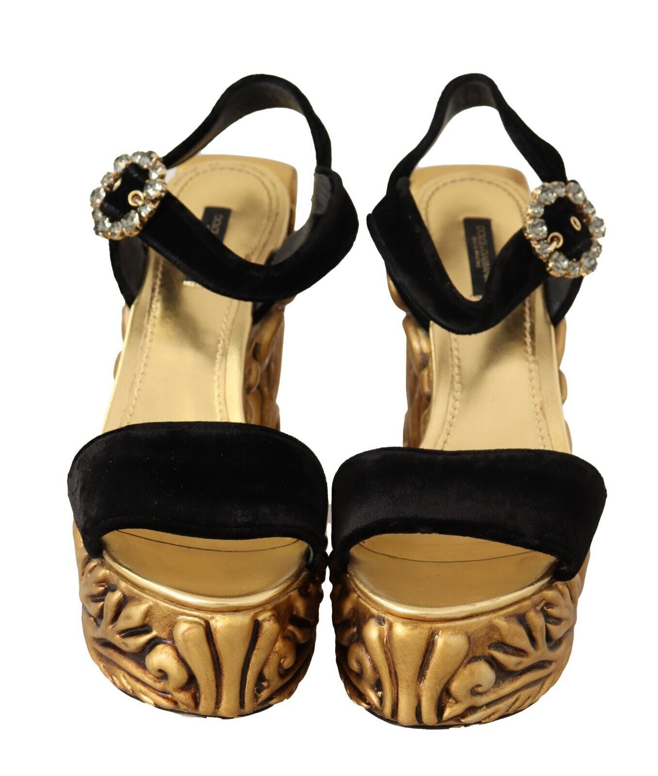 Black Gold Baroque Velvet Heels Crystal Shoes - ventzia