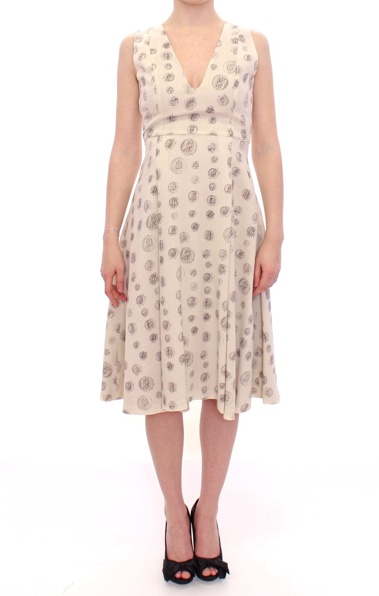Elegant White Wool Shift Dress with Gray Print - ventzia