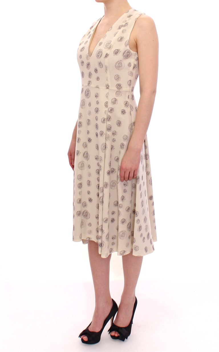 Elegant White Wool Shift Dress with Gray Print - ventzia