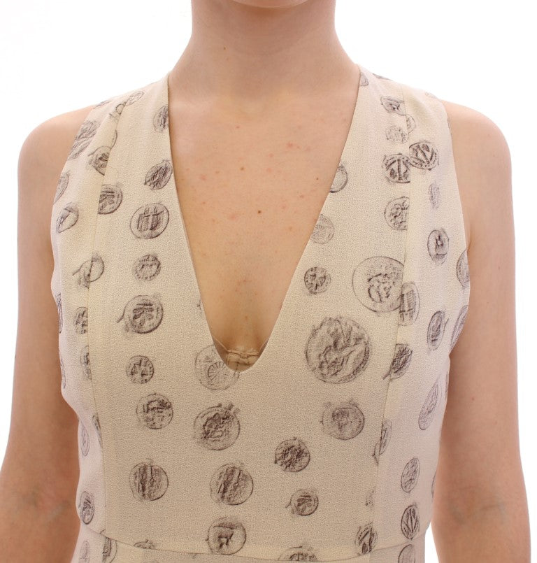Elegant White Wool Shift Dress with Gray Print - ventzia