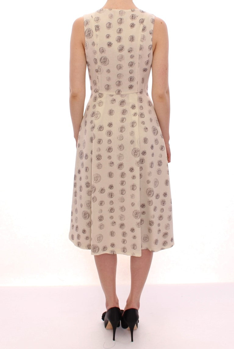 Elegant White Wool Shift Dress with Gray Print - ventzia
