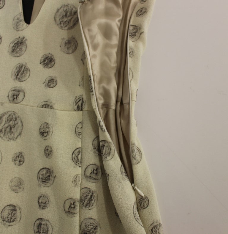 Elegant White Wool Shift Dress with Gray Print - ventzia