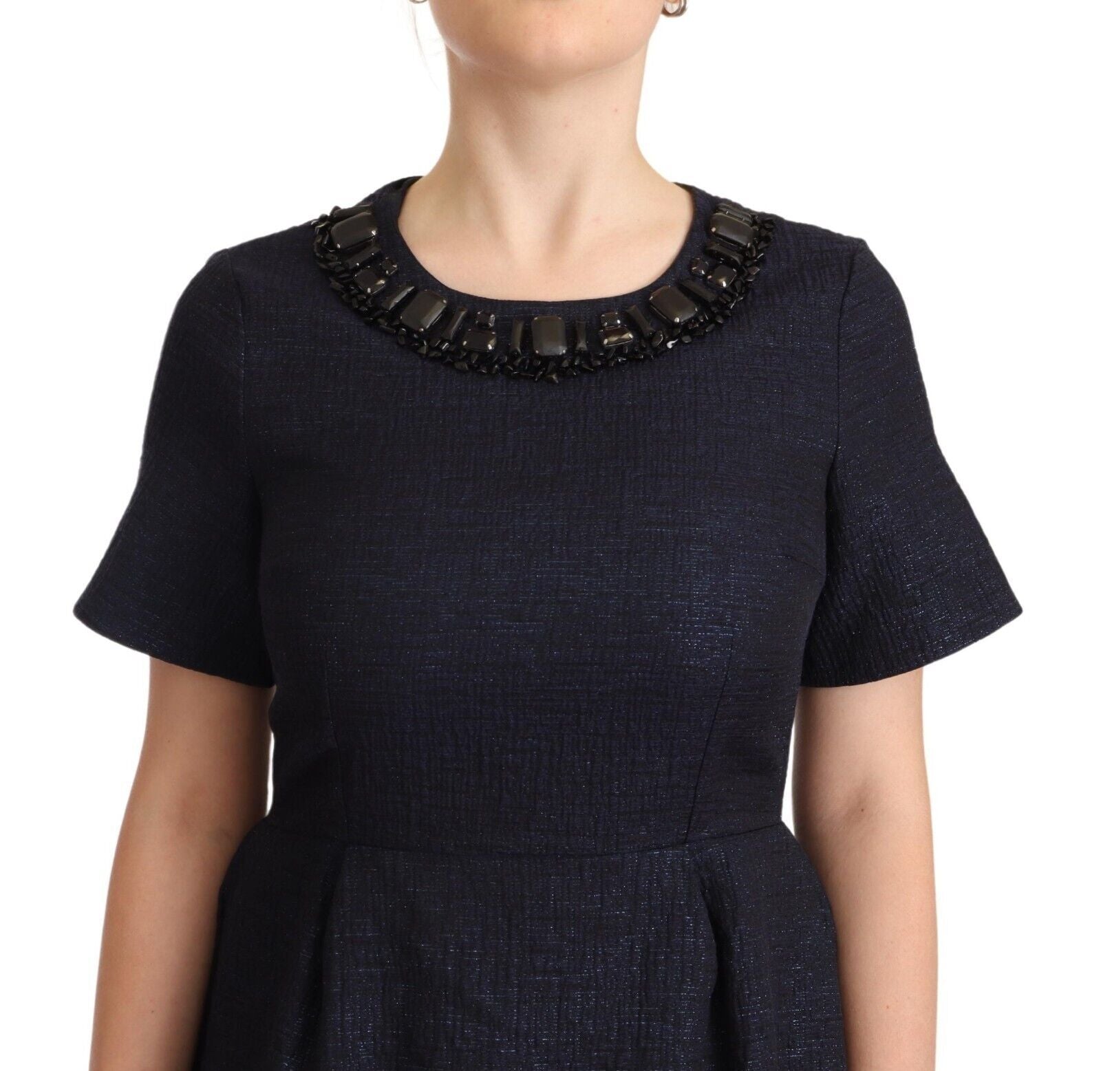 Black Embellished Short Sleeves Mini A-line Dress - ventzia