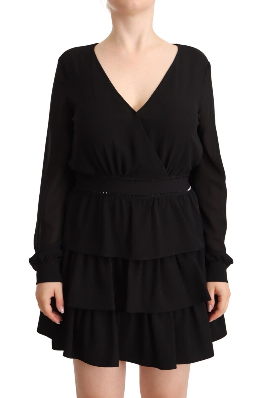 Black Polyester Long Sleeves V-neck Mini A-line Dress - ventzia